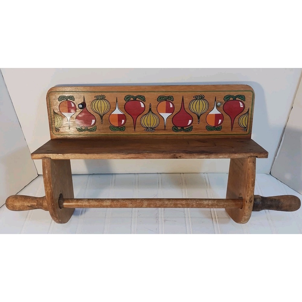 VTG Wood Paper Towel Holder Shelf Wall Decor Fruit Rustic Cottagecore Folk Art